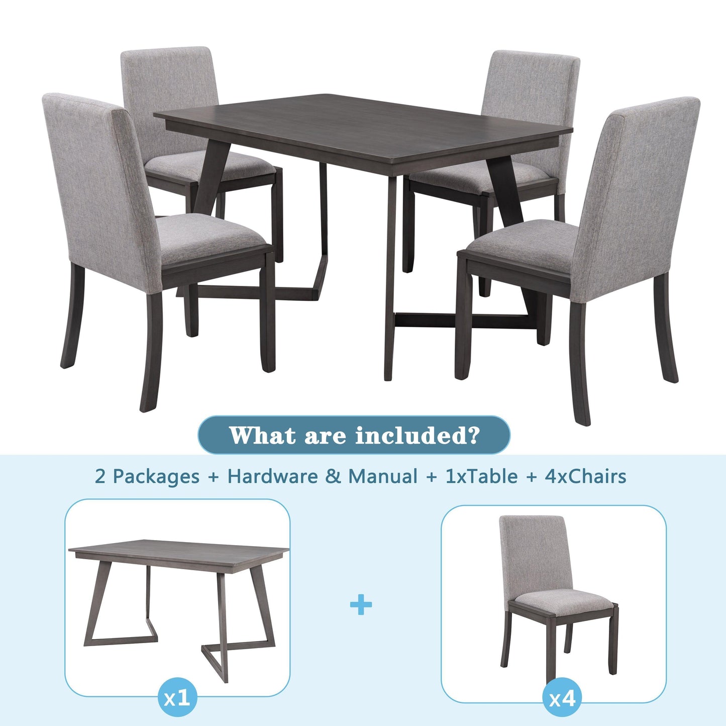 5-Piece Dining Set, Wood Rectangular Table with 4 Linen Chairs, Gray SH000133AAE FredCo