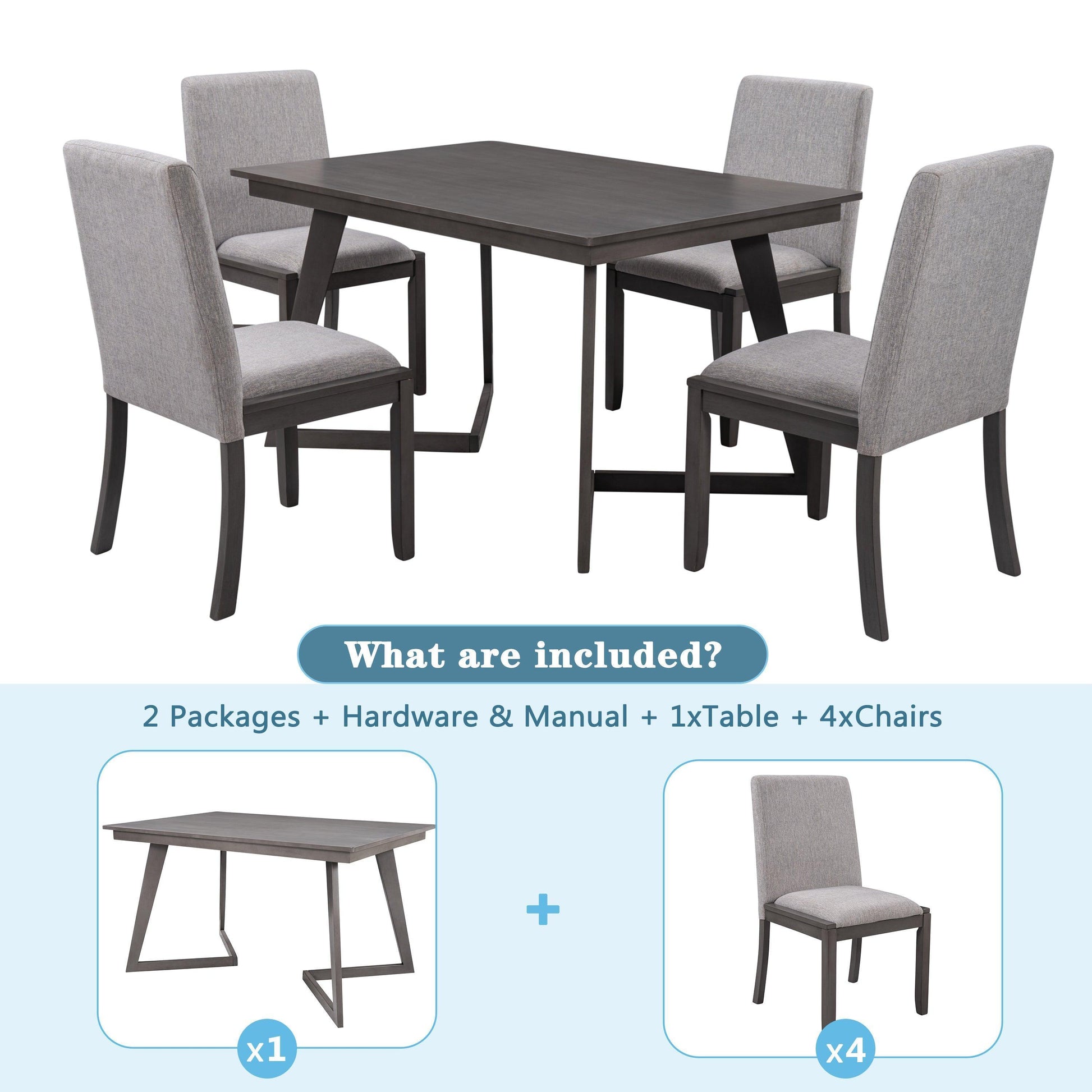 5-Piece Dining Set, Wood Rectangular Table with 4 Linen Chairs, Gray SH000133AAE FredCo