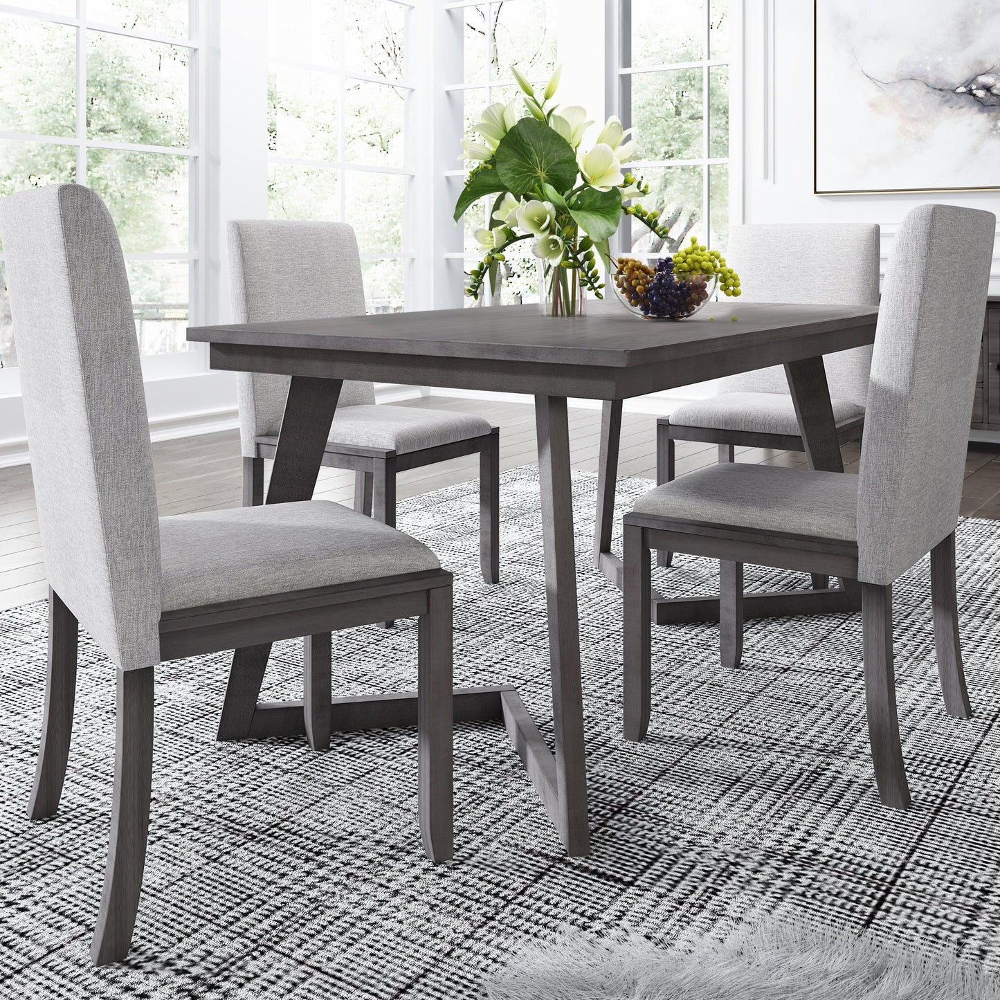 5-Piece Dining Set, Wood Rectangular Table with 4 Linen Chairs, Gray SH000133AAE FredCo