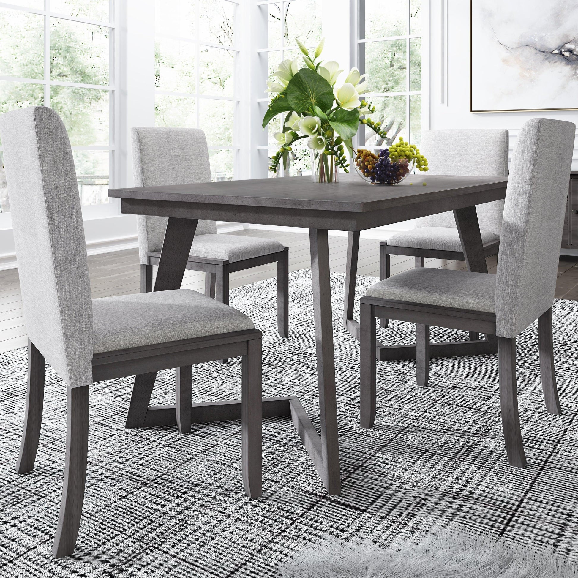 5-Piece Dining Set, Wood Rectangular Table with 4 Linen Chairs, Gray SH000133AAE FredCo