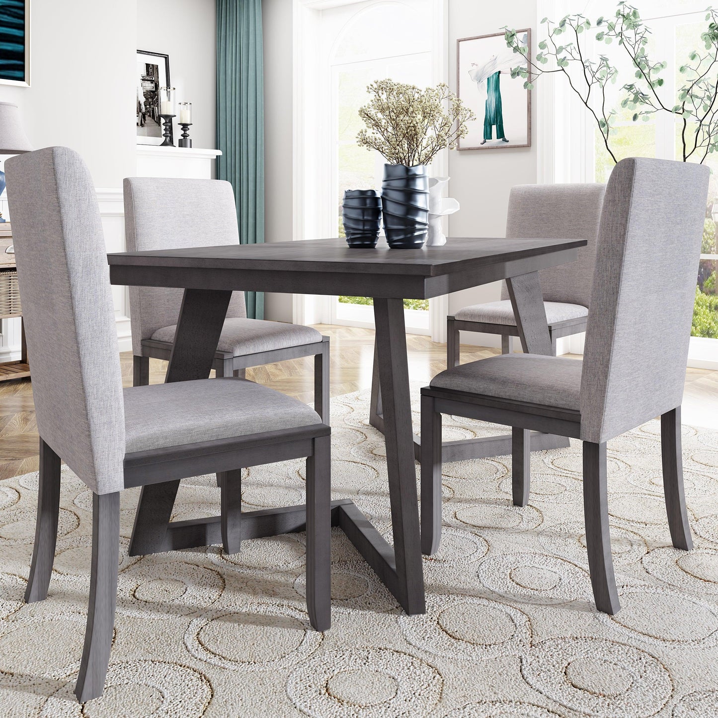 5-Piece Dining Set, Wood Rectangular Table with 4 Linen Chairs, Gray SH000133AAE FredCo