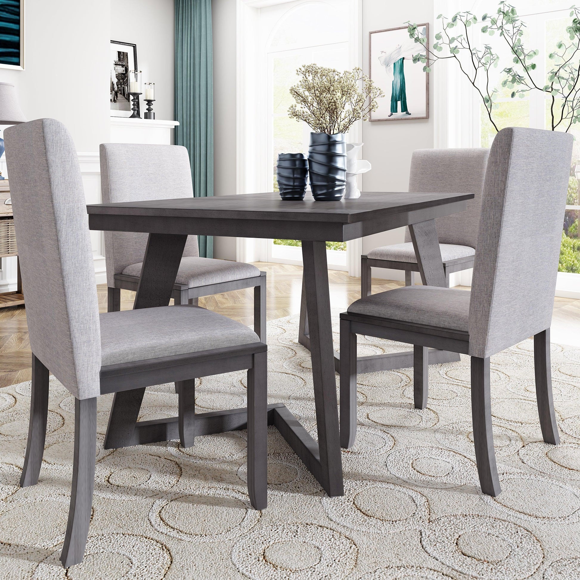 5-Piece Dining Set, Wood Rectangular Table with 4 Linen Chairs, Gray SH000133AAE FredCo