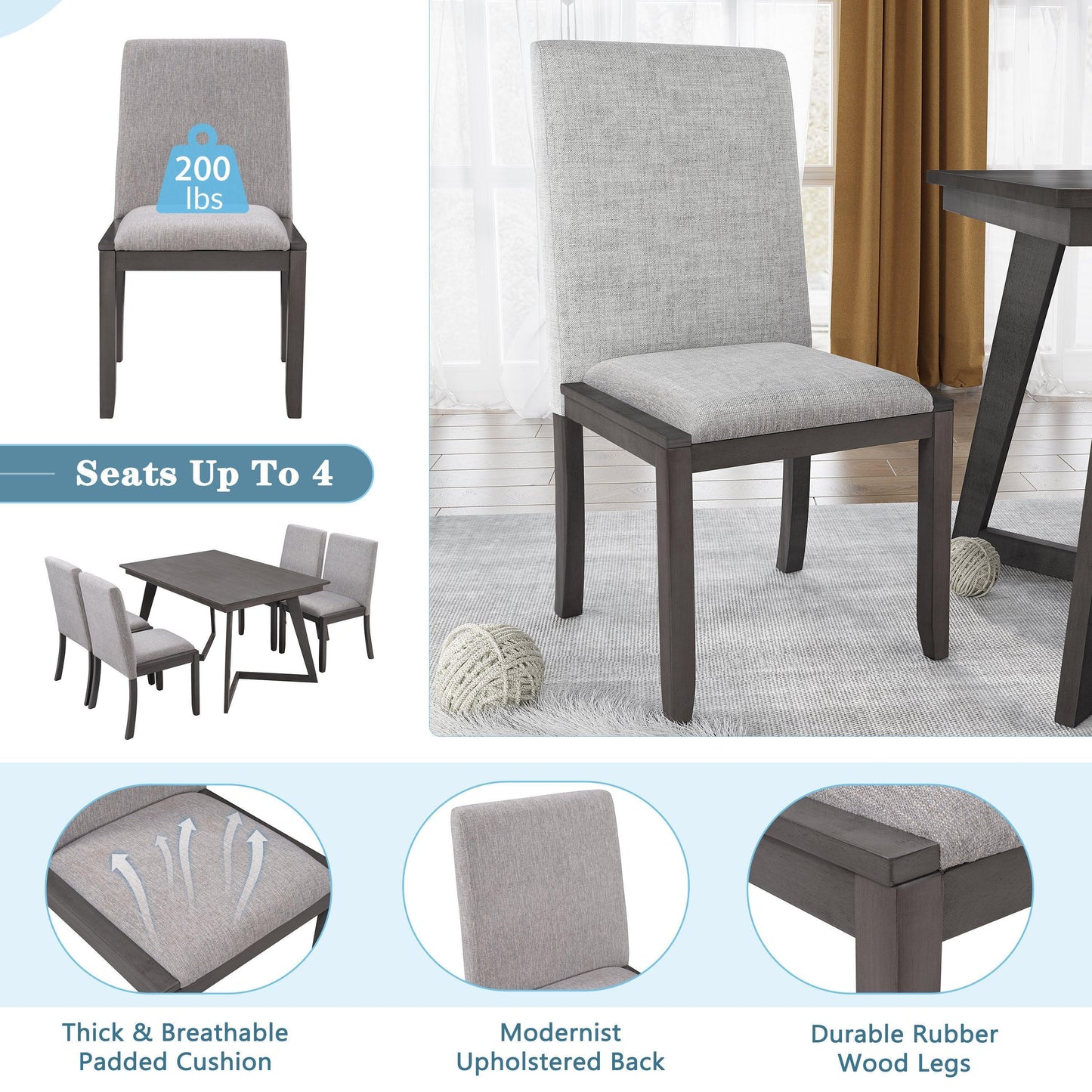 5-Piece Dining Set, Wood Rectangular Table with 4 Linen Chairs, Gray SH000133AAE FredCo