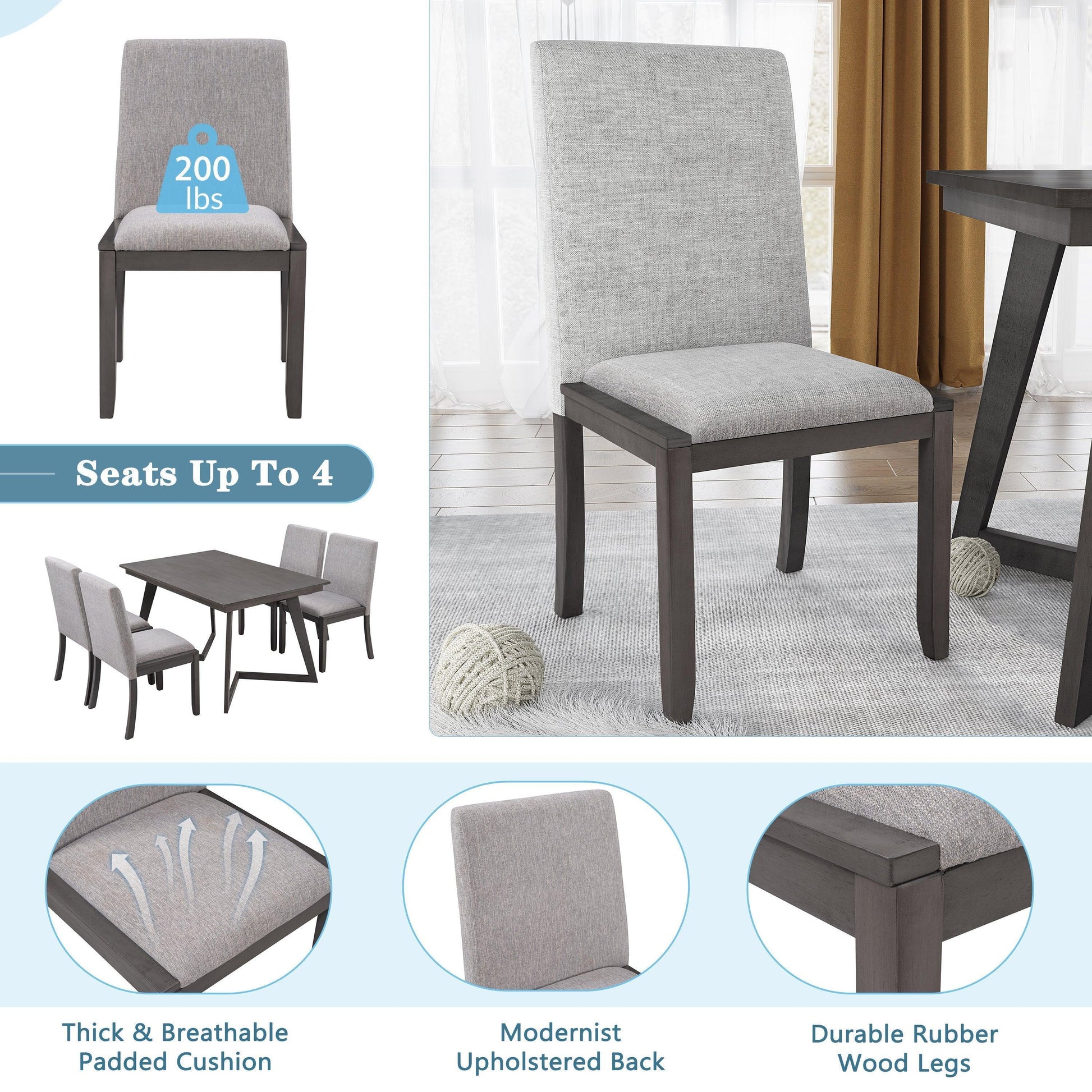 5-Piece Dining Set, Wood Rectangular Table with 4 Linen Chairs, Gray SH000133AAE FredCo