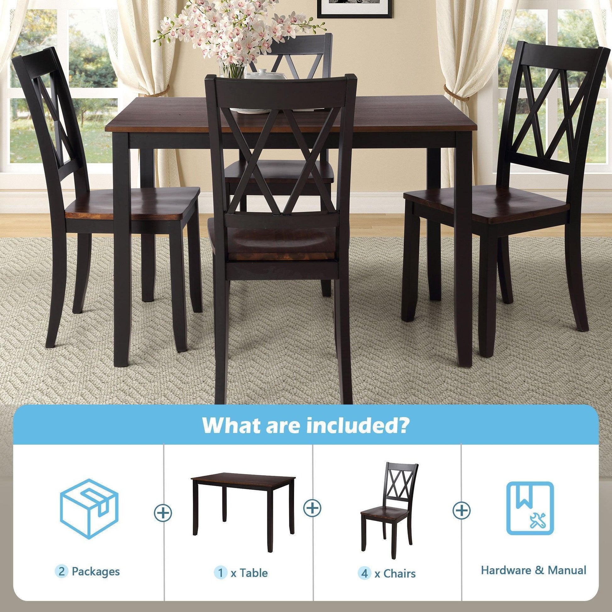 5-Piece Dining Table Set Home Kitchen Table and Chairs Wood Dining Set (Black+Cherry) SH000088AAB FredCo