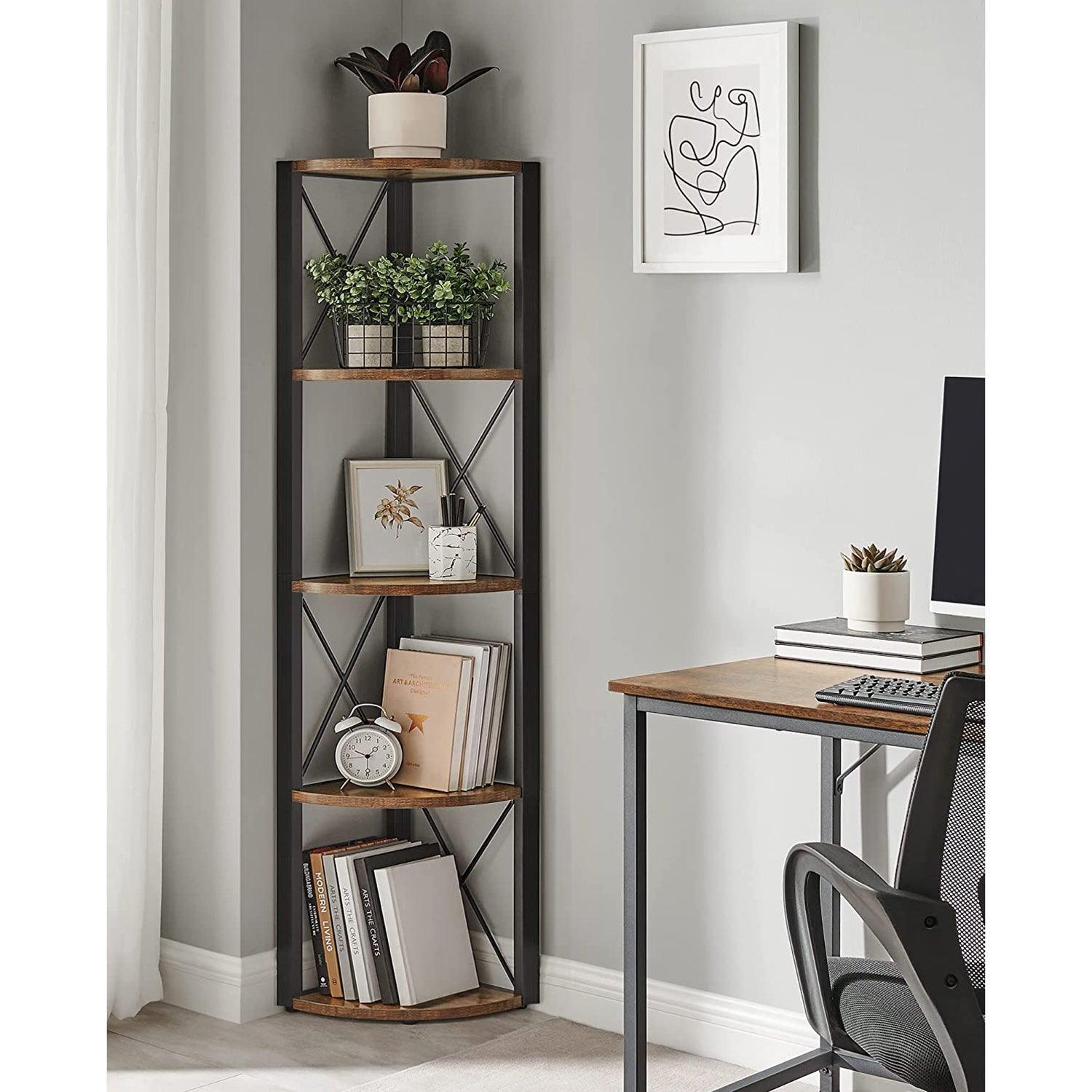 5 Tier Corner Shelf, 63 Inch Tall, Brown FredCo