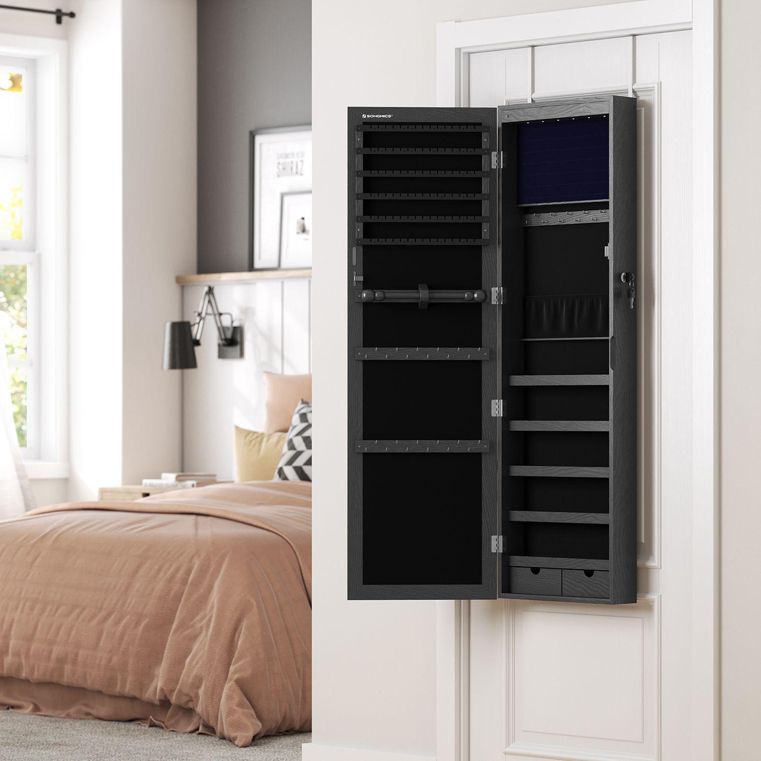 6 LEDs Mirror Jewelry Cabinet with Mirror and Lockable, Black FredCo
