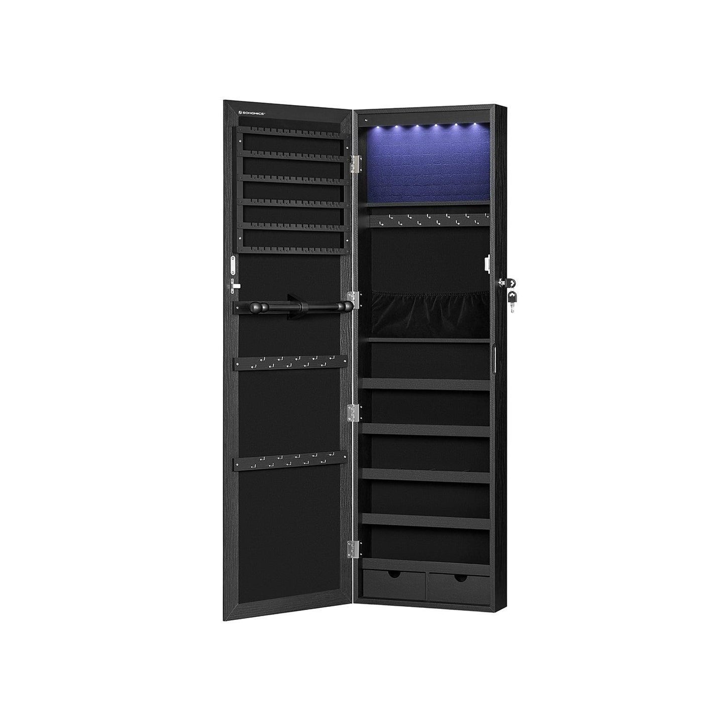 6 LEDs Mirror Jewelry Cabinet with Mirror and Lockable, Black FredCo