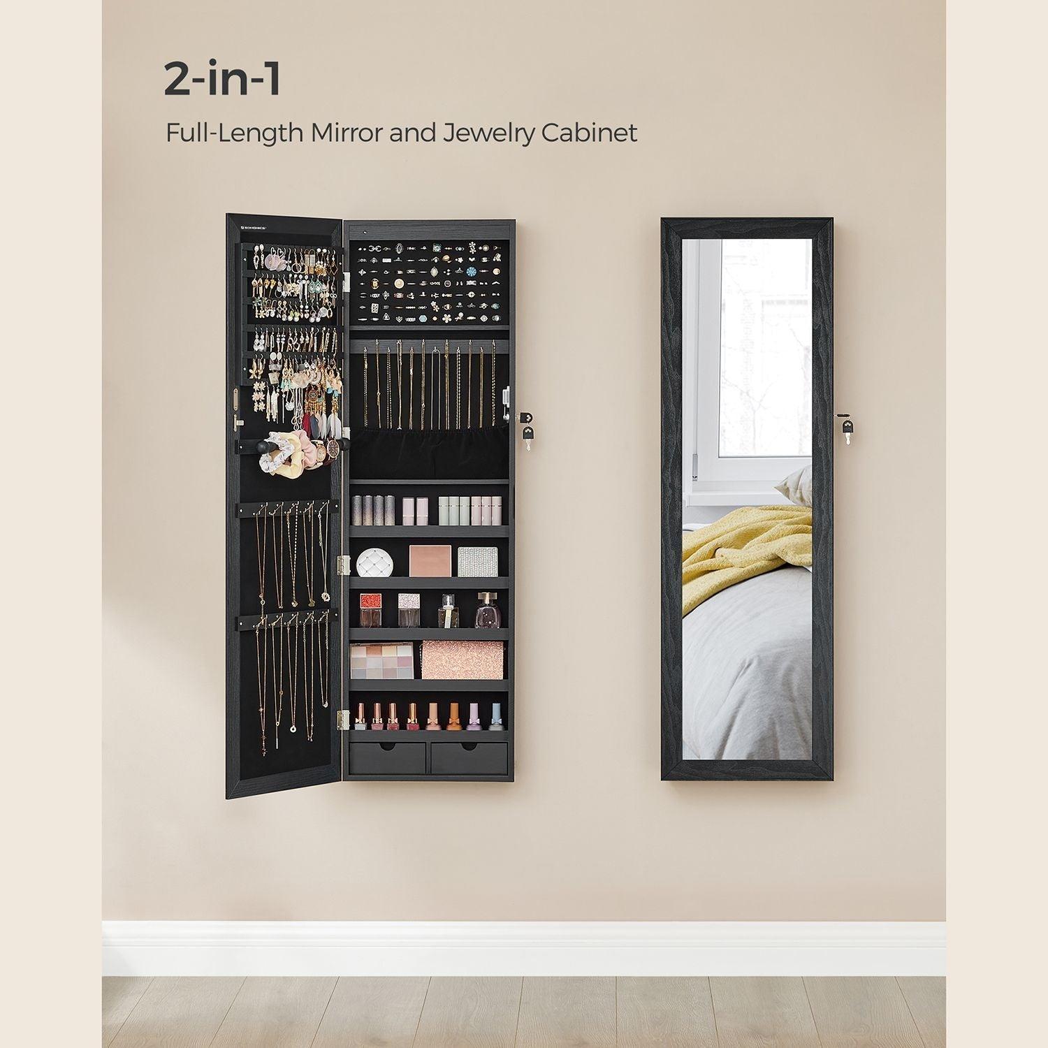 6 LEDs Mirror Jewelry Cabinet with Mirror and Lockable, Black FredCo