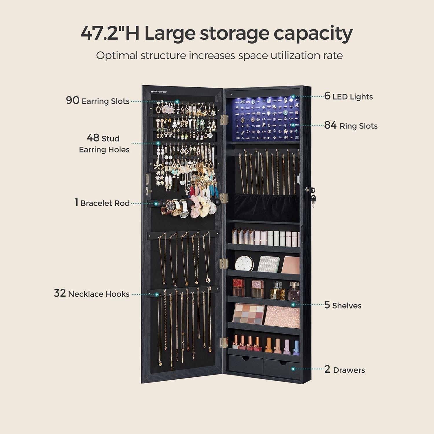 6 LEDs Mirror Jewelry Cabinet with Mirror and Lockable, Black FredCo