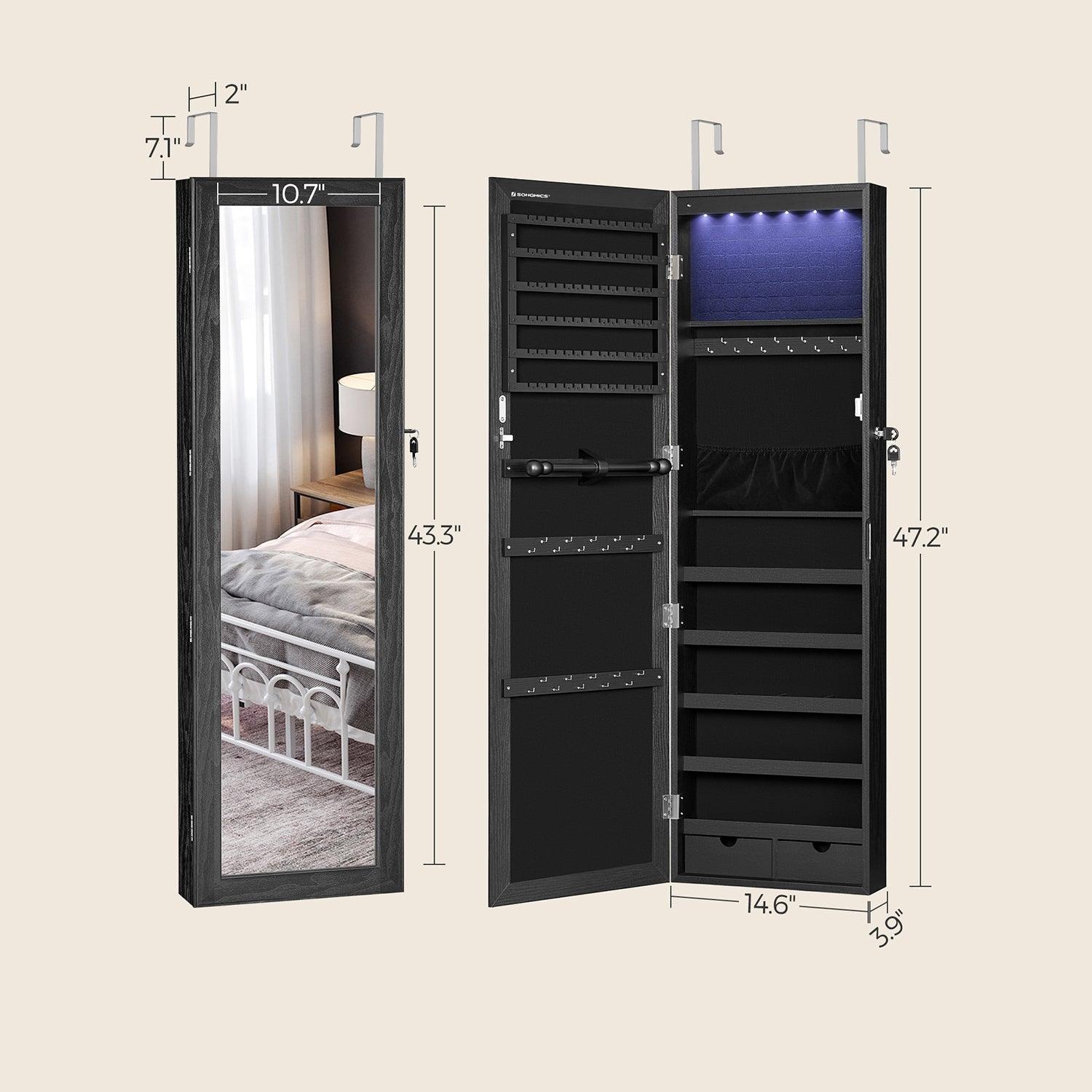 6 LEDs Mirror Jewelry Cabinet with Mirror and Lockable, Black FredCo