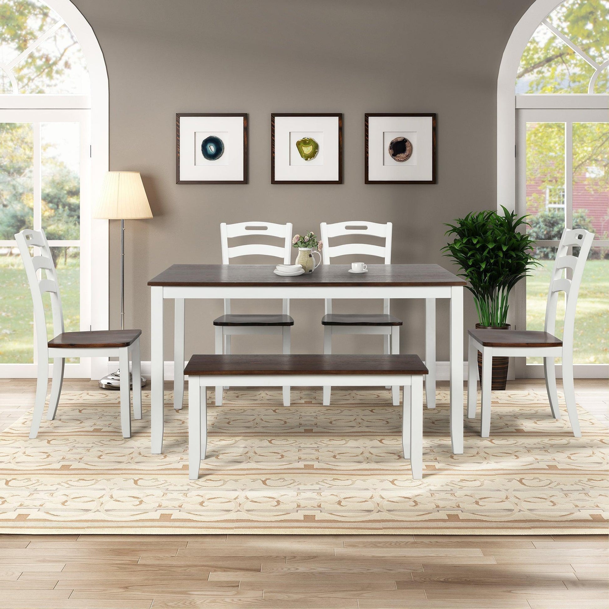 6 Piece Dining Table Set with Bench, Table Set with Waterproof Coat, Ivory and Cherry SH000119AAK FredCo
