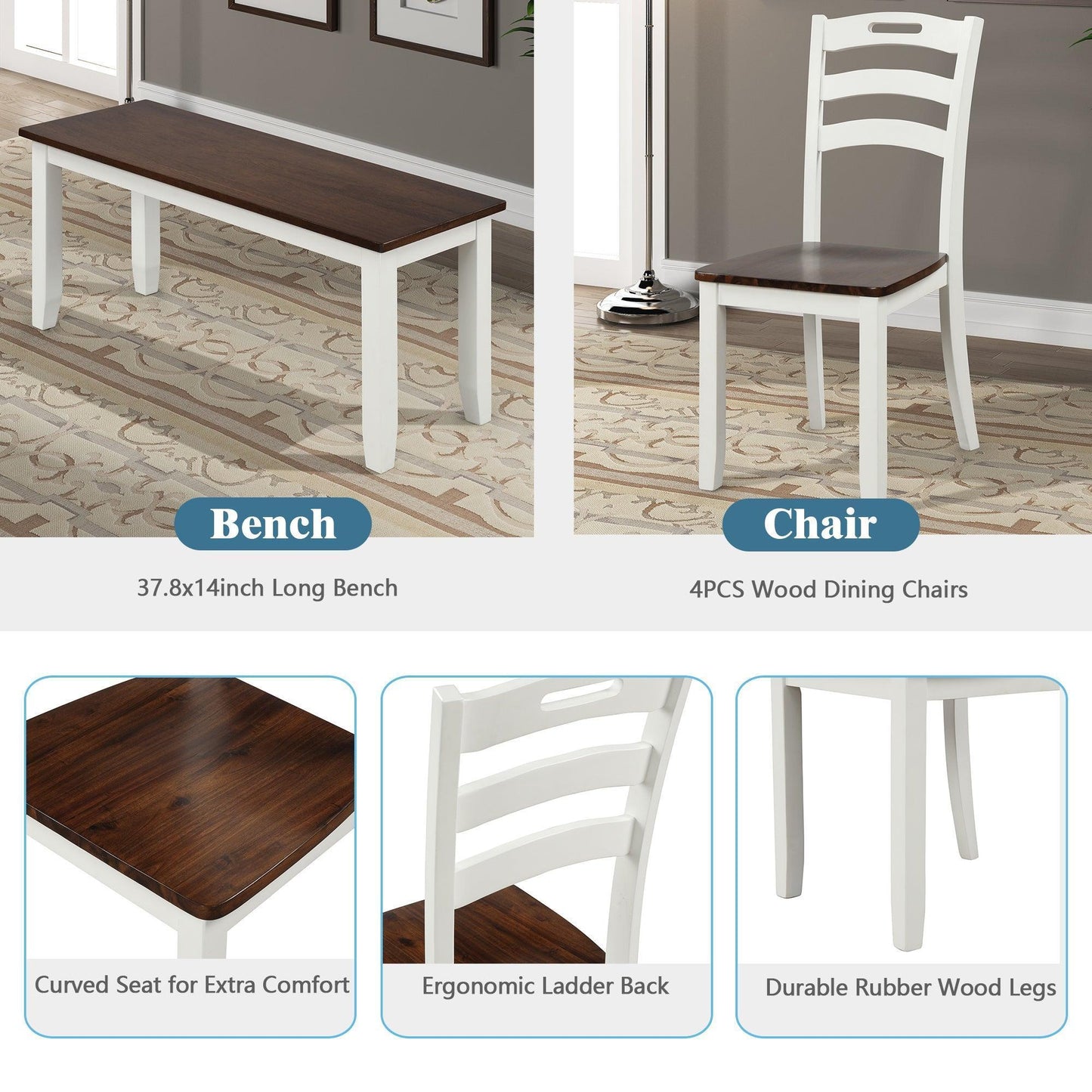 6 Piece Dining Table Set with Bench, Table Set with Waterproof Coat, Ivory and Cherry SH000119AAK FredCo