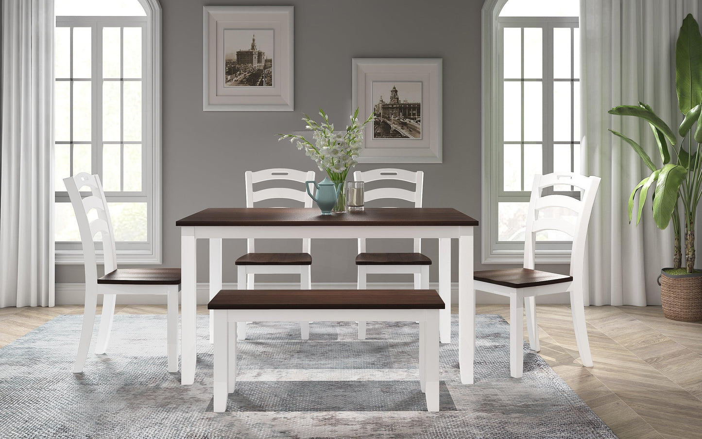 6 Piece Dining Table Set with Bench, Table Set with Waterproof Coat, Ivory and Cherry SH000119AAK FredCo