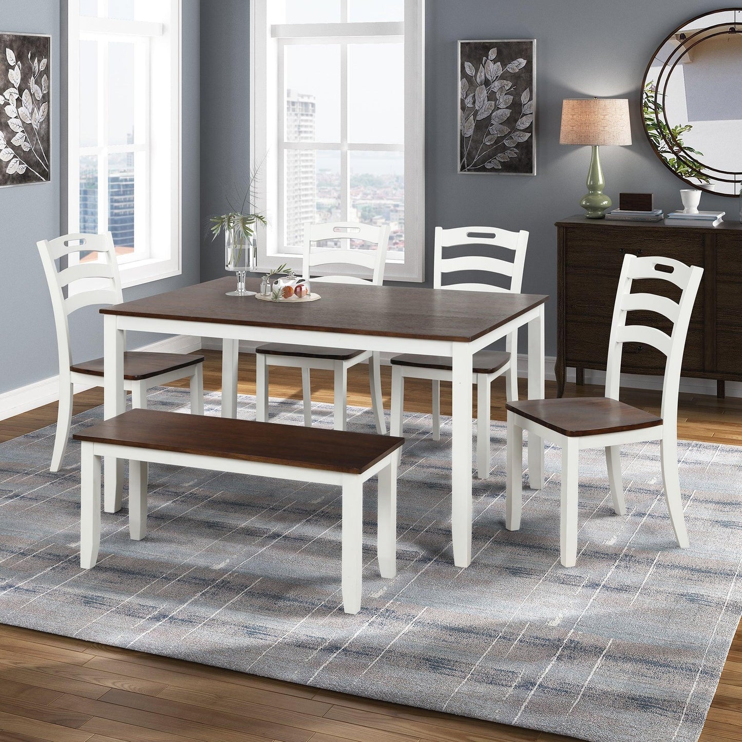 6 Piece Dining Table Set with Bench, Table Set with Waterproof Coat, Ivory and Cherry SH000119AAK FredCo