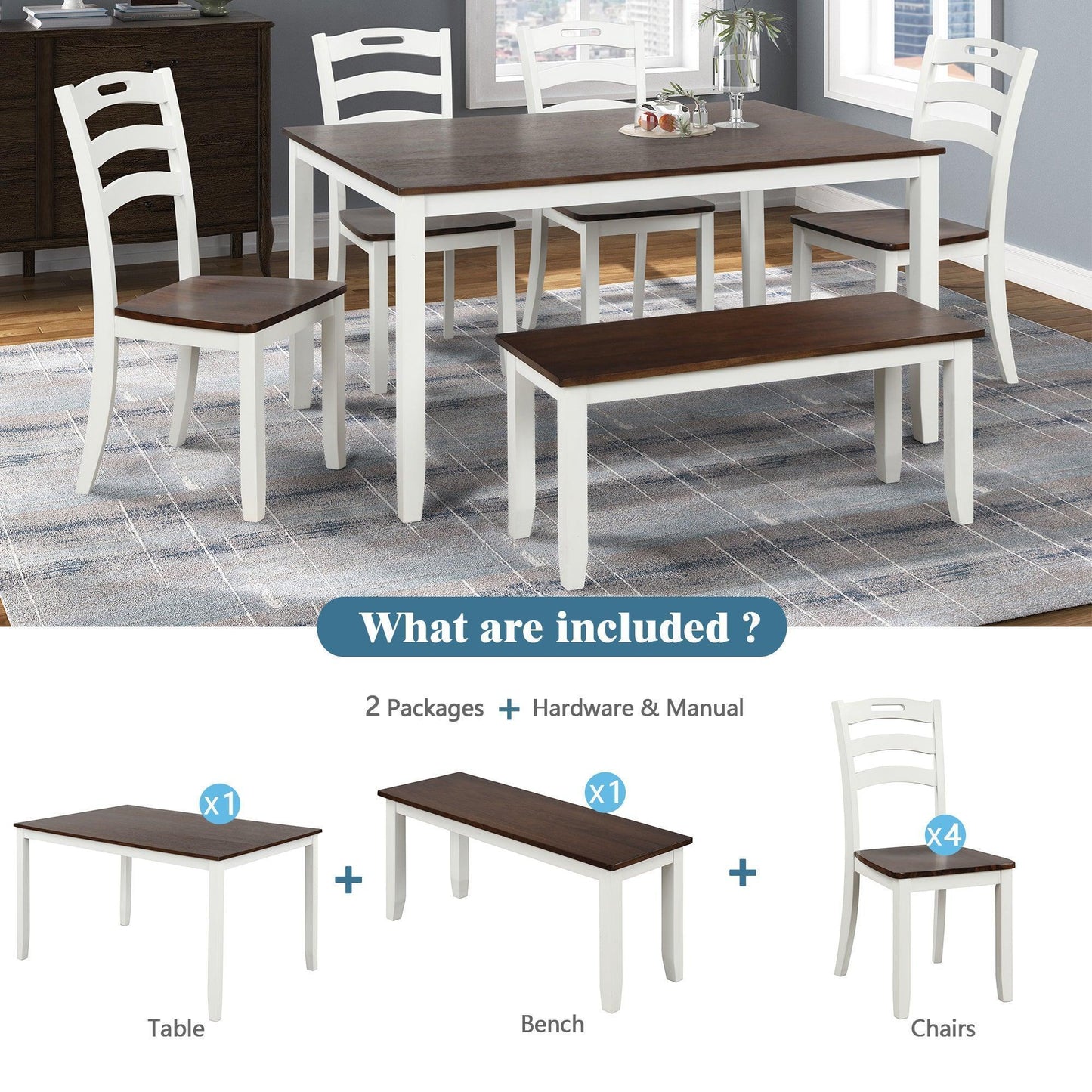 6 Piece Dining Table Set with Bench, Table Set with Waterproof Coat, Ivory and Cherry SH000119AAK FredCo