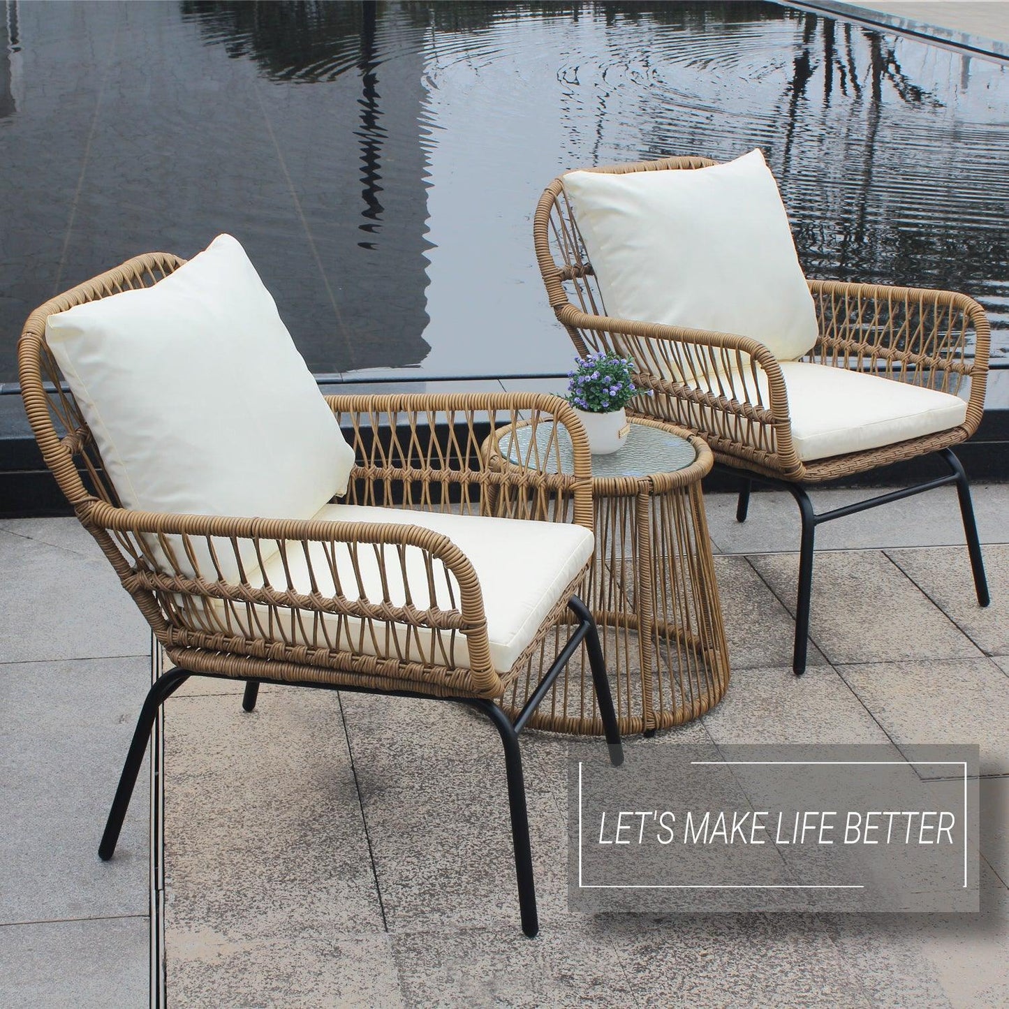 6PCS Outdoor Patio Balcony Wicker Sofa Chair Set with Beige Cushion,Round Tempered Glass FredCo