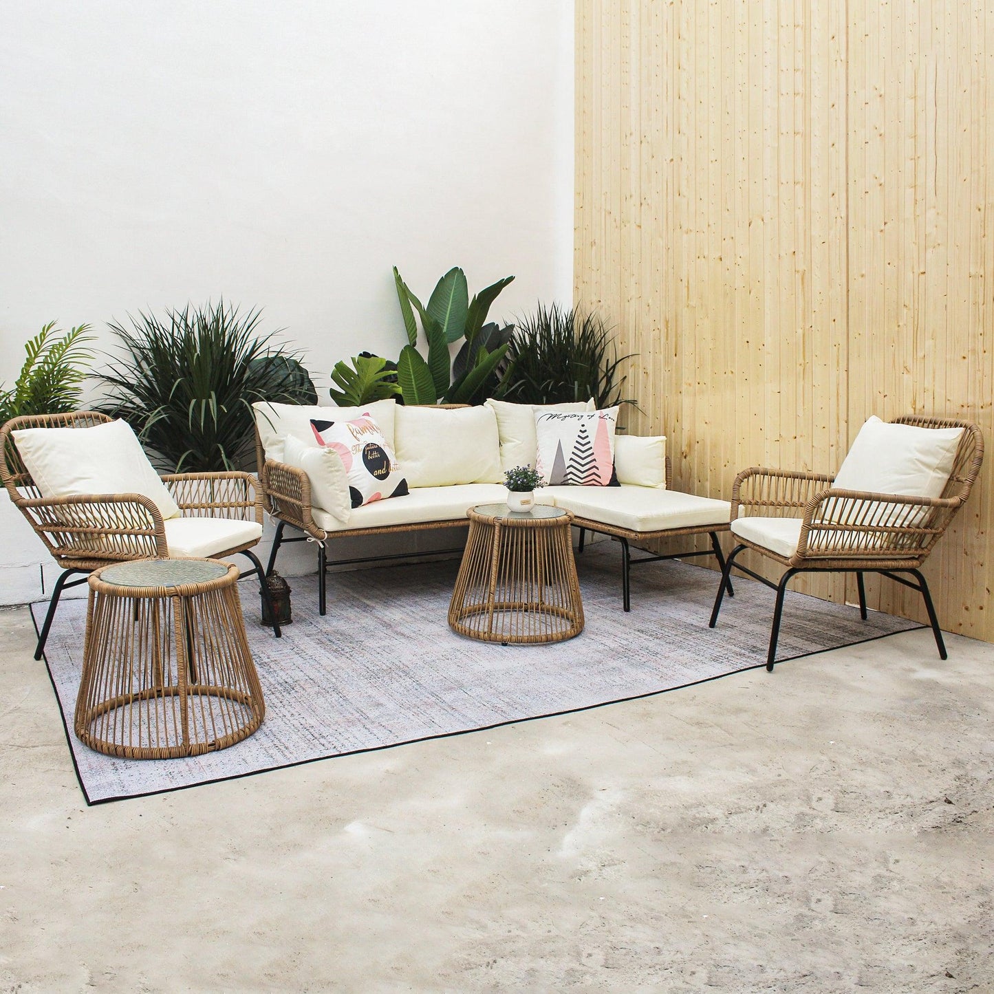 6PCS Outdoor Patio Balcony Wicker Sofa Chair Set with Beige Cushion,Round Tempered Glass FredCo