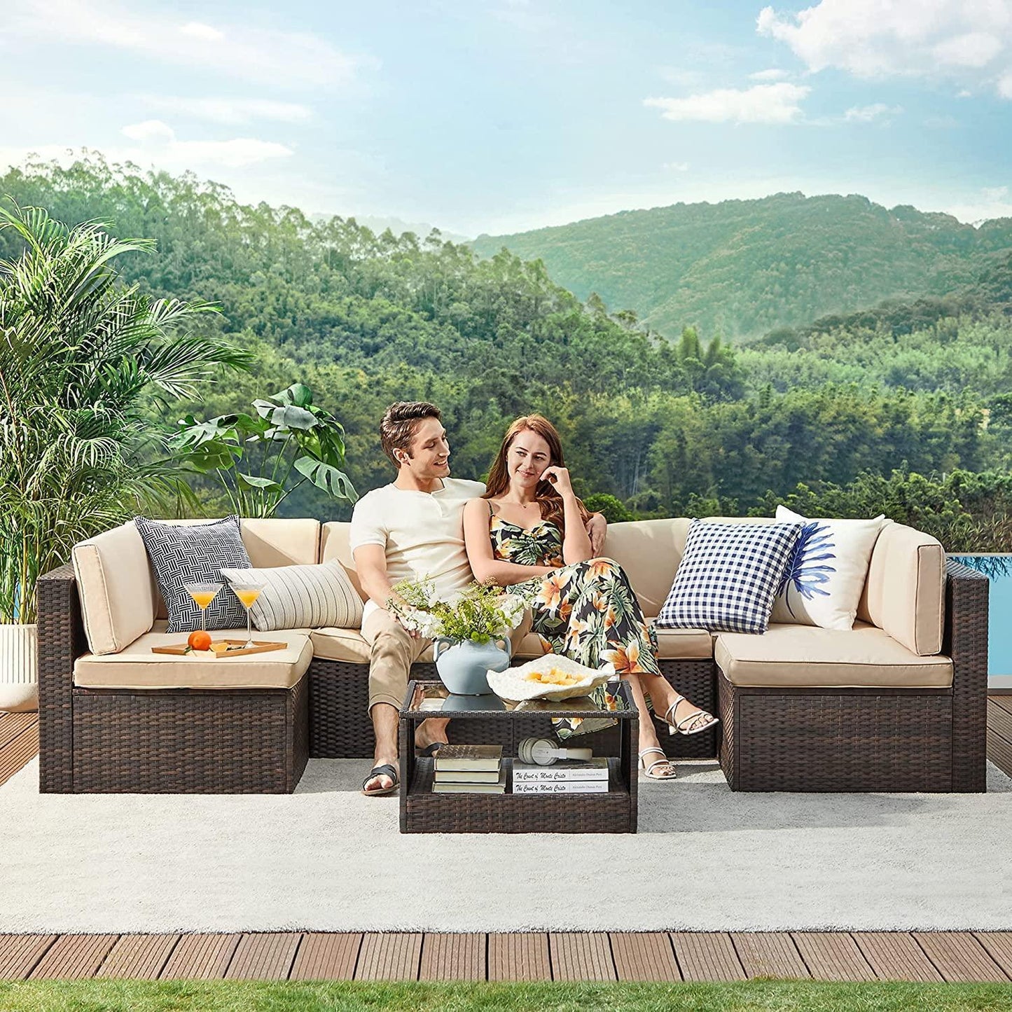 7 Pieces Patio Sofa Set, Brown FredCo