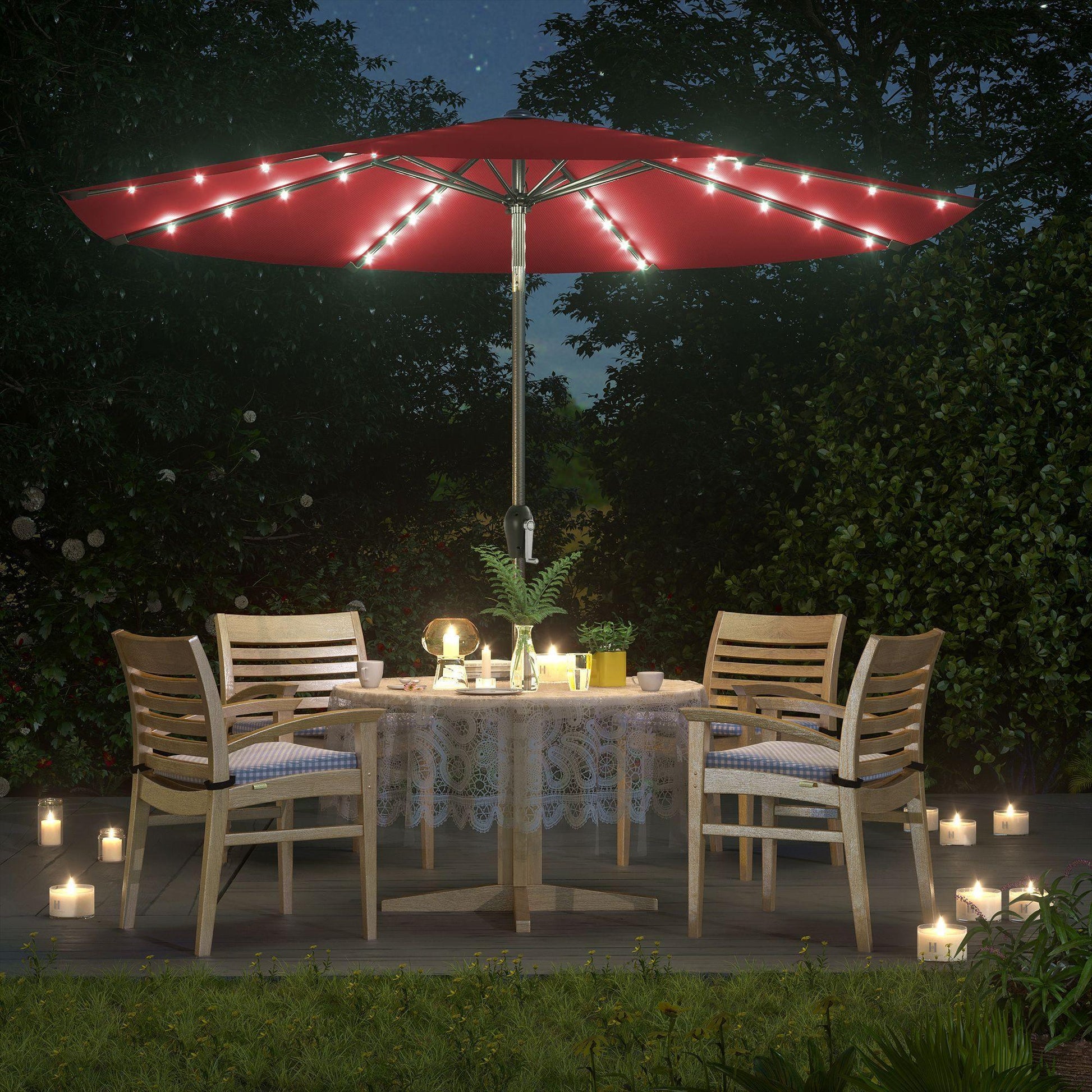 lighted patio umbrella solar 9 ft Solar Patio Red Umbrella, Lighted Outdoor Umbrella, 32 LED Lights, with Tilt and Crank Mechanism