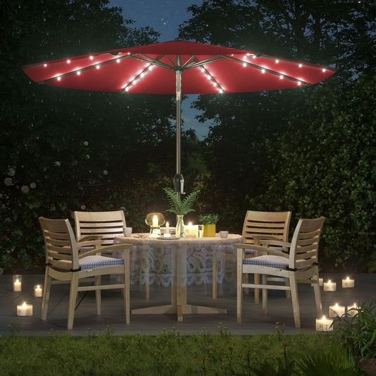 9 foot red patio umbrella 9 ft Solar Patio Red Umbrella, Lighted Outdoor Umbrella, 32 LED Lights, with Tilt and Crank Mechanism