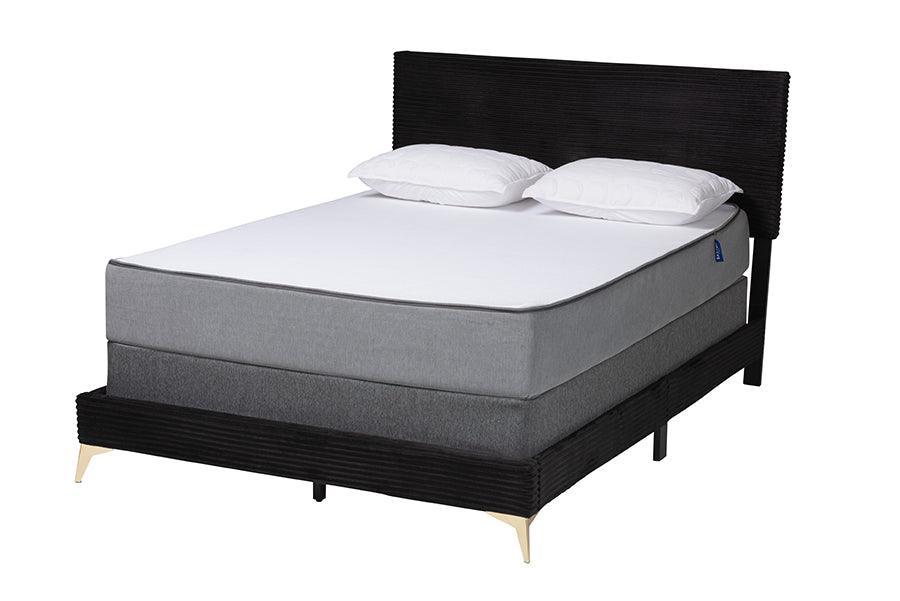 Abberton Modern and Contemporary Black Velvet and Gold Metal Queen Size Panel Bed FredCo