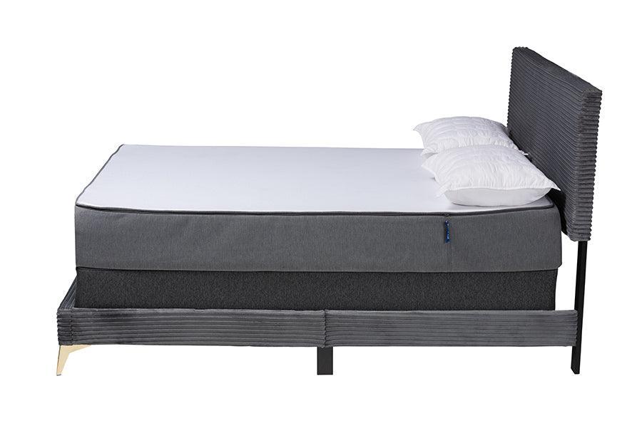 Abberton Modern and Contemporary Grey Velvet and Gold Metal Queen Size Panel Bed FredCo