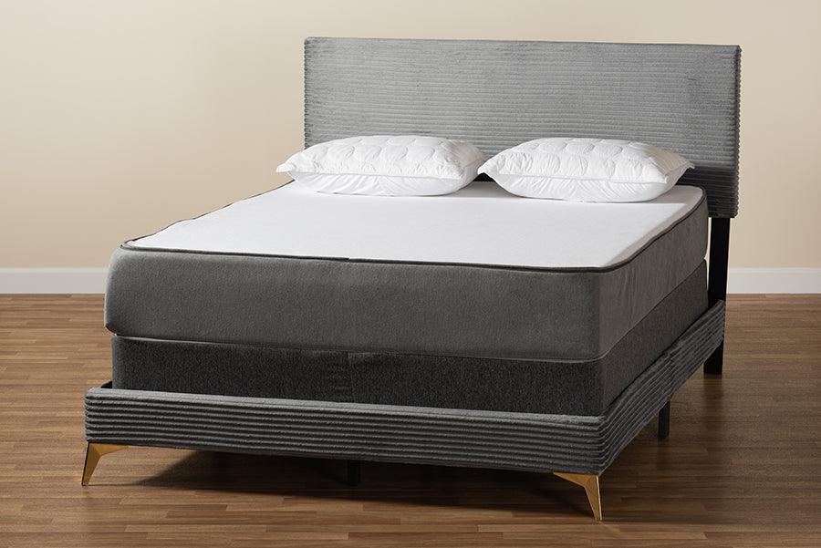 Abberton Modern and Contemporary Grey Velvet and Gold Metal Queen Size Panel Bed FredCo