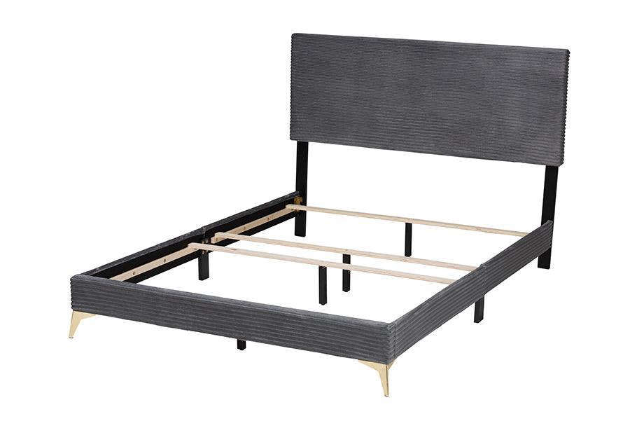 Abberton Modern and Contemporary Grey Velvet and Gold Metal Queen Size Panel Bed FredCo