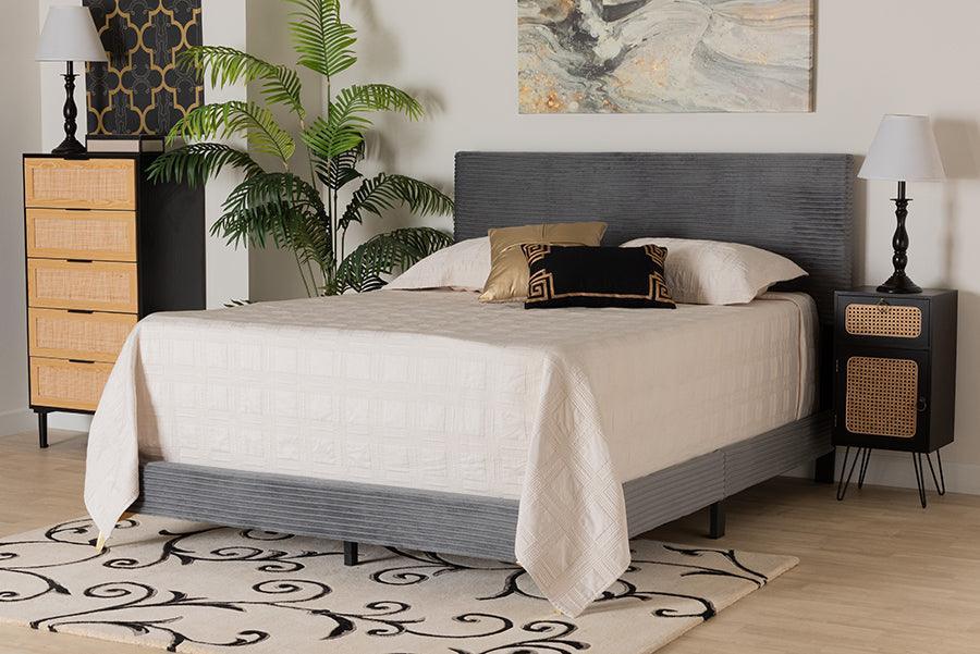 Abberton Modern and Contemporary Grey Velvet and Gold Metal Queen Size Panel Bed FredCo