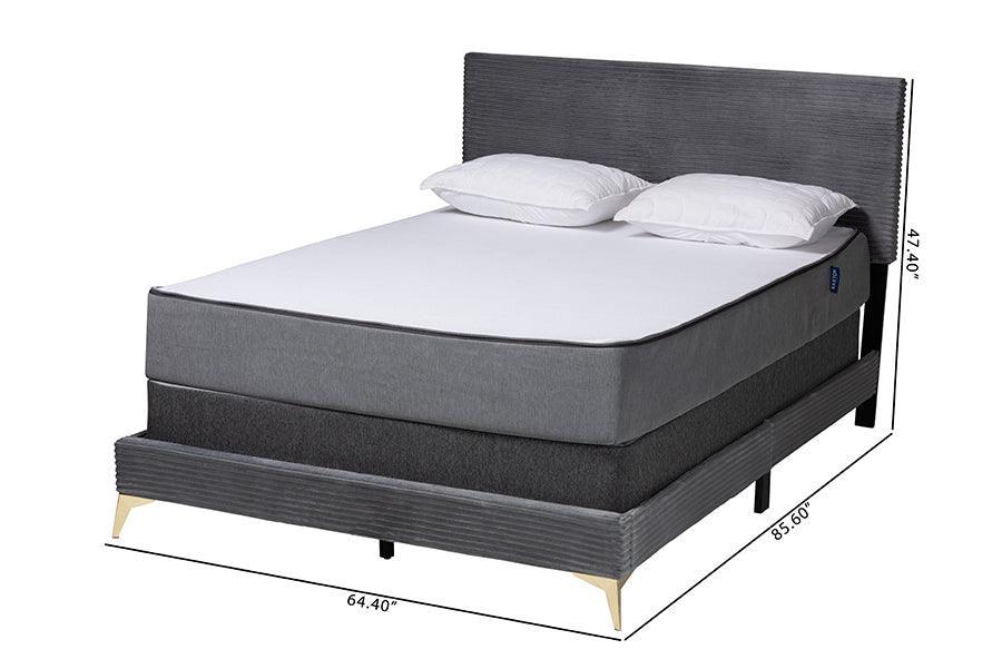 Abberton Modern and Contemporary Grey Velvet and Gold Metal Queen Size Panel Bed FredCo