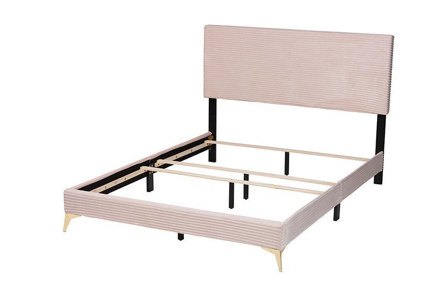 Abberton Modern and Contemporary Light Pink Velvet and Gold Metal Queen Size Panel Bed FredCo