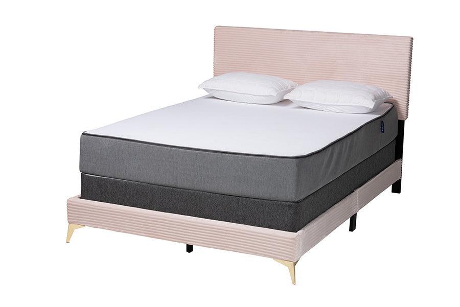 Abberton Modern and Contemporary Light Pink Velvet and Gold Metal Queen Size Panel Bed FredCo