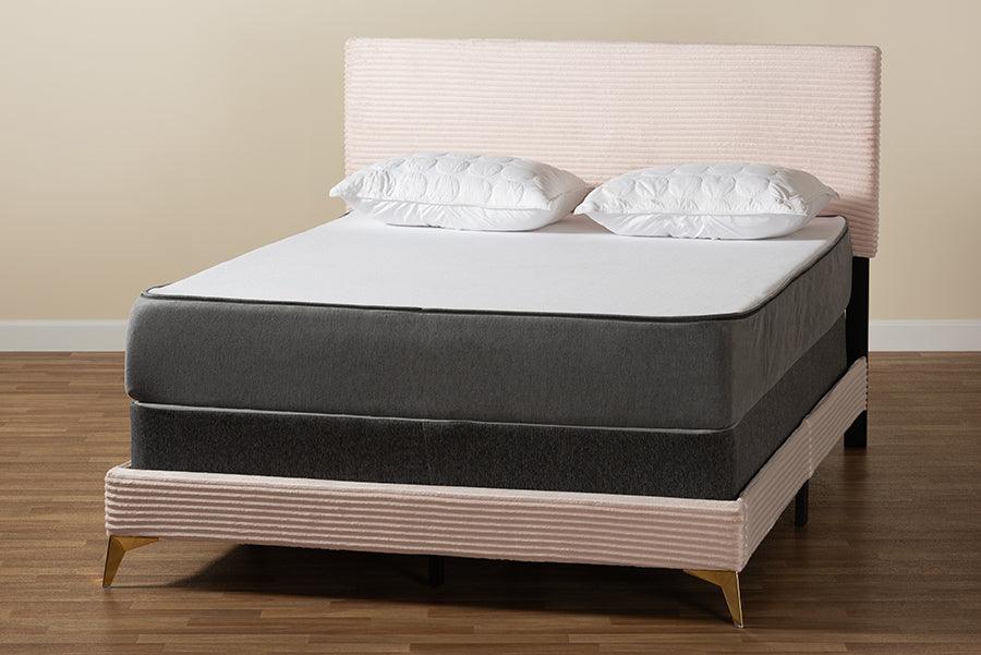 Abberton Modern and Contemporary Light Pink Velvet and Gold Metal Queen Size Panel Bed FredCo