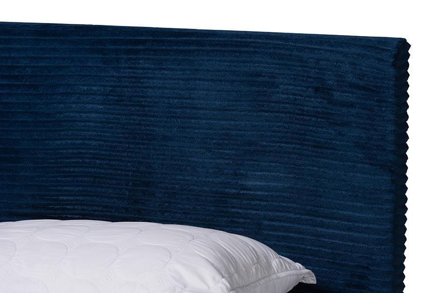 Abberton Modern and Contemporary Navy Blue Velvet and Gold Metal Queen Size Panel Bed FredCo