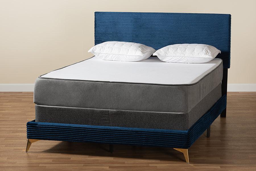 Abberton Modern and Contemporary Navy Blue Velvet and Gold Metal Queen Size Panel Bed FredCo
