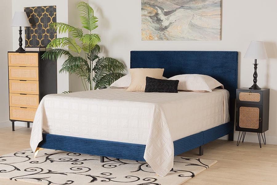 Abberton Modern and Contemporary Navy Blue Velvet and Gold Metal Queen Size Panel Bed FredCo