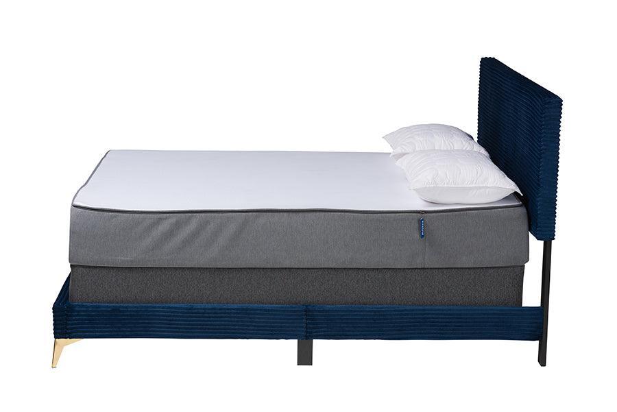 Abberton Modern and Contemporary Navy Blue Velvet and Gold Metal Queen Size Panel Bed FredCo
