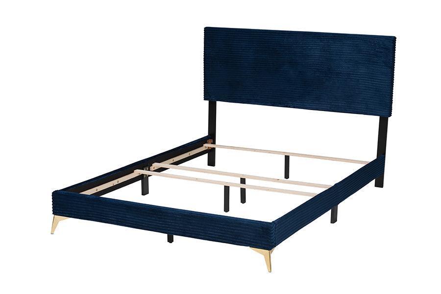 Abberton Modern and Contemporary Navy Blue Velvet and Gold Metal Queen Size Panel Bed FredCo