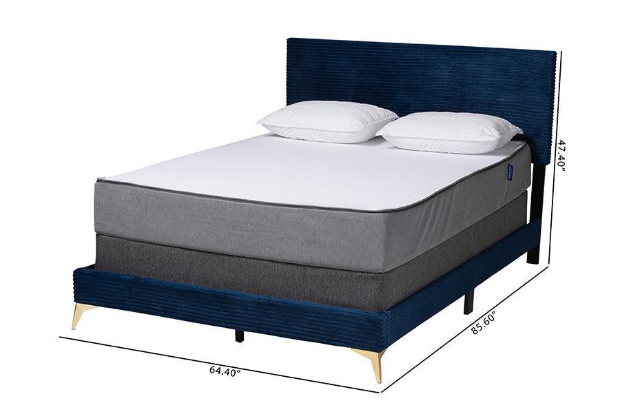 Abberton Modern and Contemporary Navy Blue Velvet and Gold Metal Queen Size Panel Bed FredCo