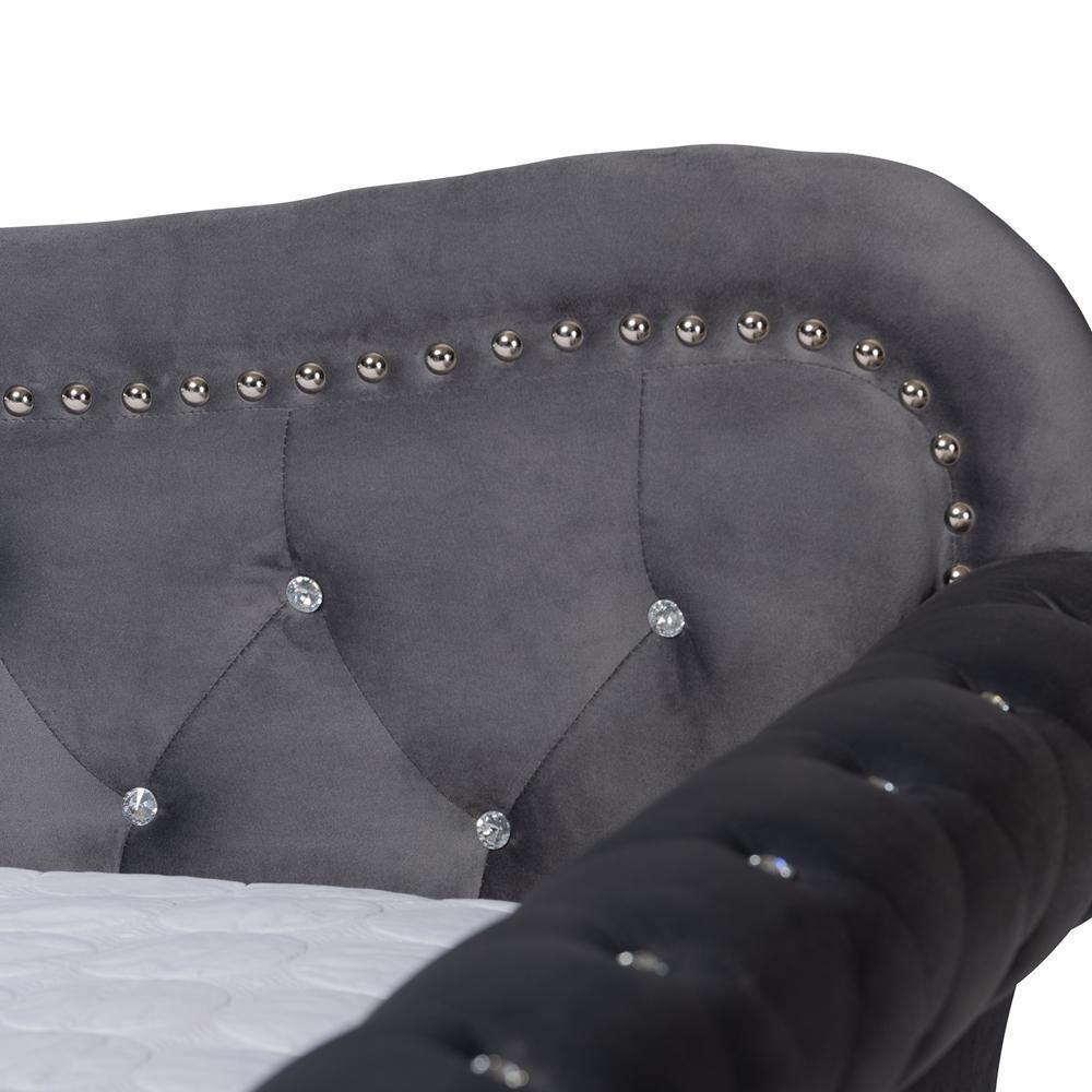 Abbie Traditional and Transitional Grey Velvet Fabric Upholstered and Crystal Tufted Full Size Daybed with Trundle FredCo