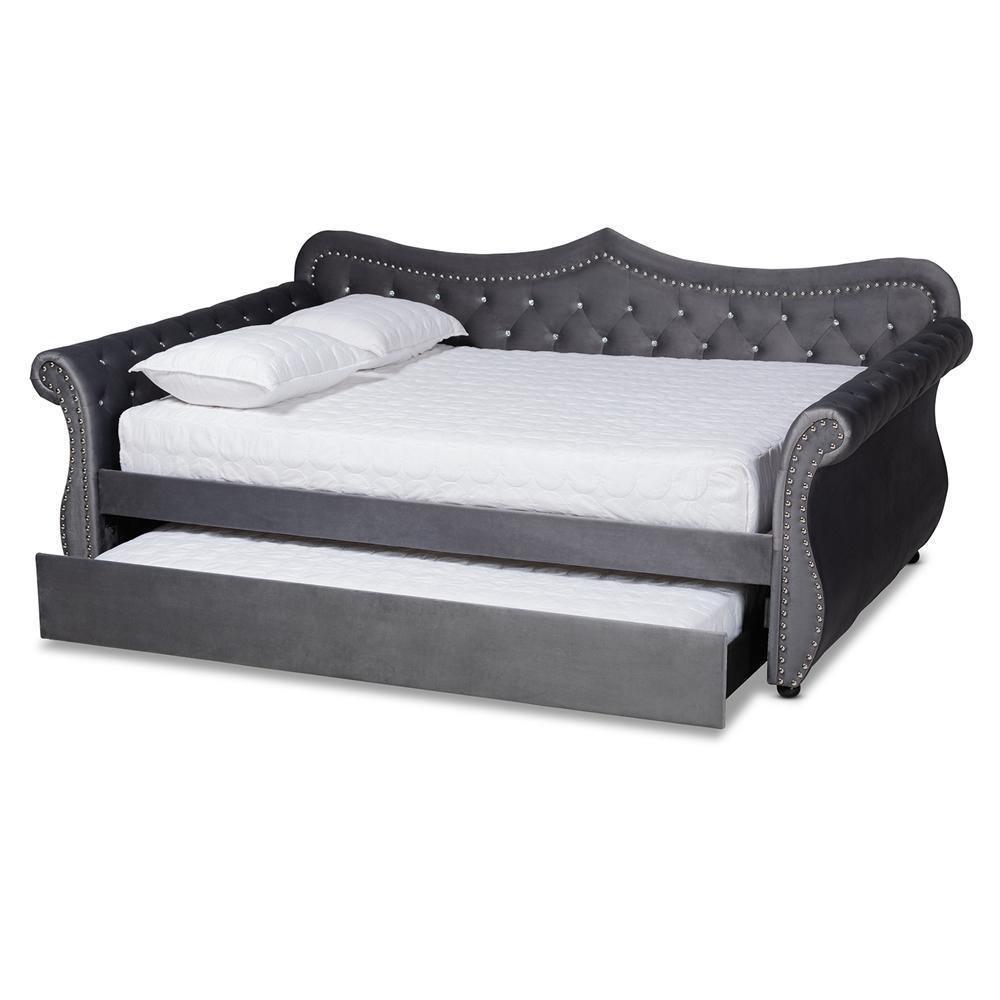 Abbie Traditional and Transitional Grey Velvet Fabric Upholstered and Crystal Tufted Queen Size Daybed with Trundle FredCo