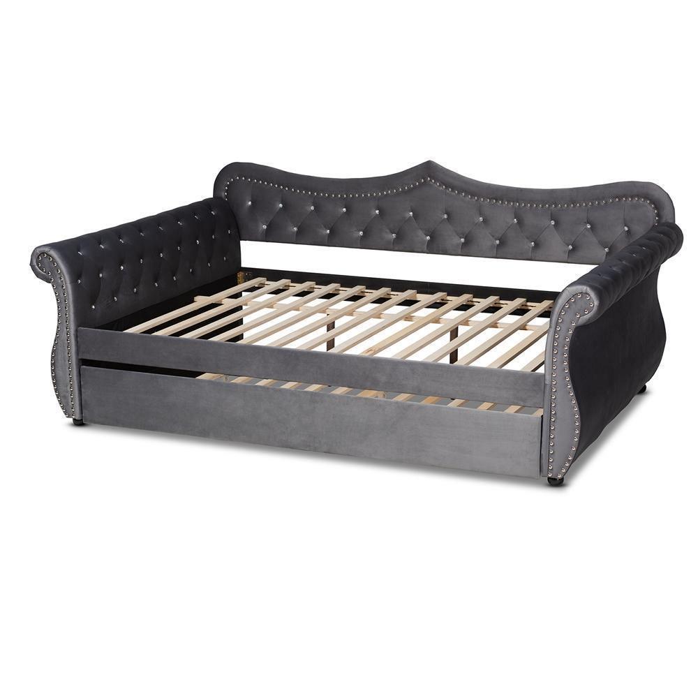 Abbie Traditional and Transitional Grey Velvet Fabric Upholstered and Crystal Tufted Queen Size Daybed with Trundle FredCo