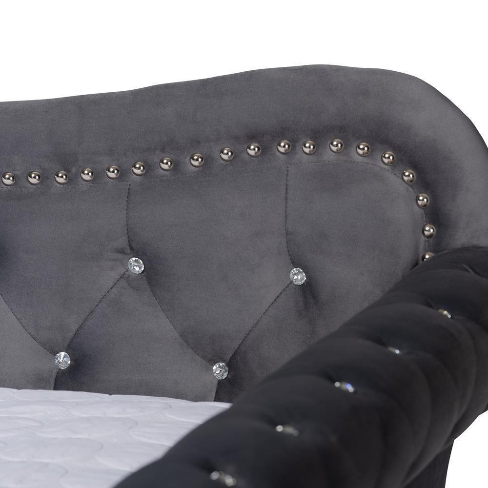 Abbie Traditional and Transitional Grey Velvet Fabric Upholstered and Crystal Tufted Queen Size Daybed with Trundle FredCo