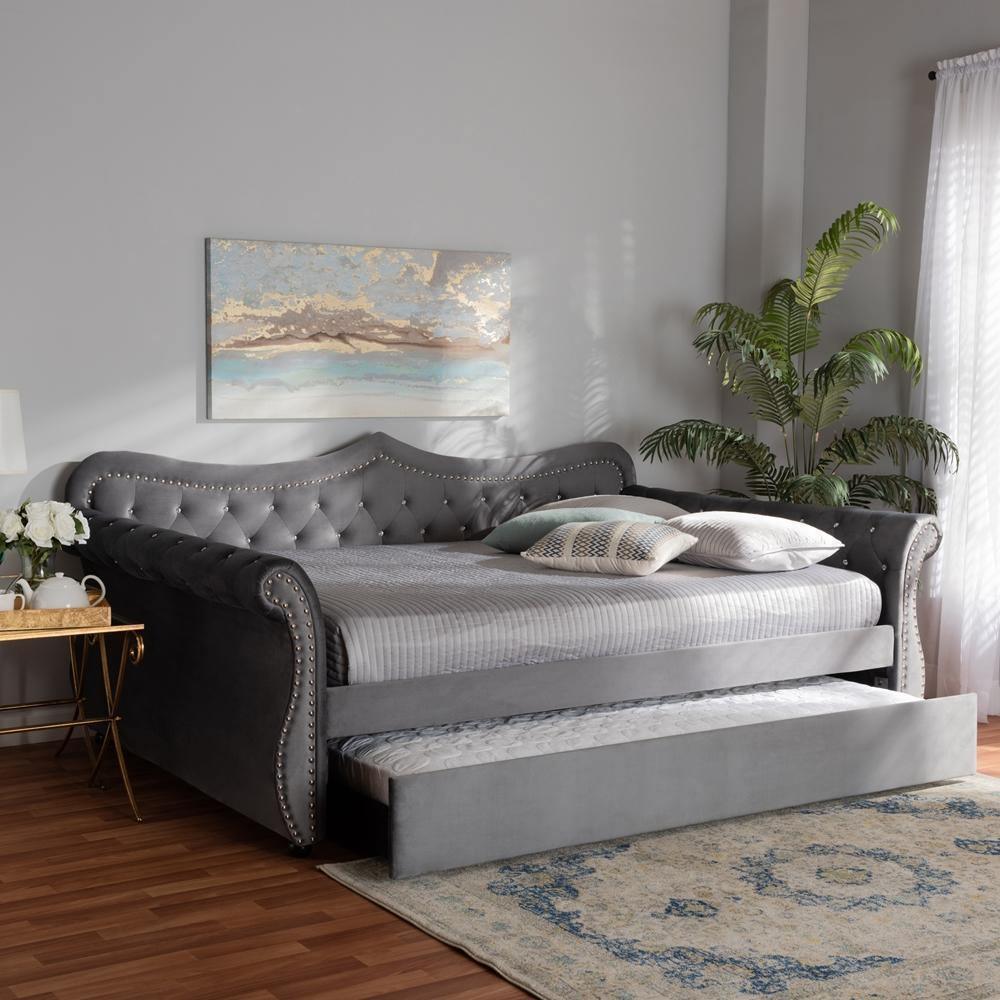 Abbie Traditional and Transitional Grey Velvet Fabric Upholstered and Crystal Tufted Queen Size Daybed with Trundle FredCo