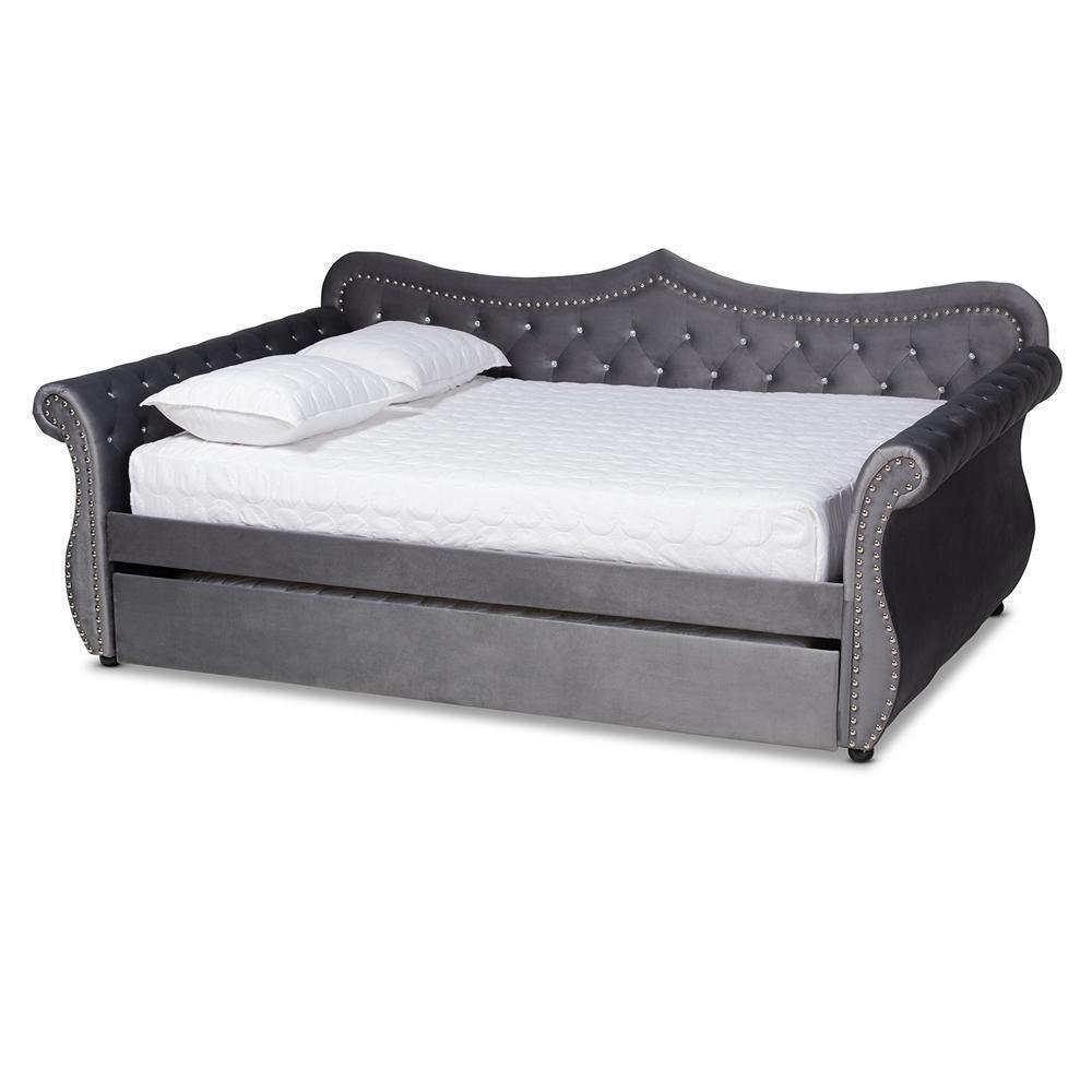 Abbie Traditional and Transitional Grey Velvet Fabric Upholstered and Crystal Tufted Queen Size Daybed with Trundle FredCo