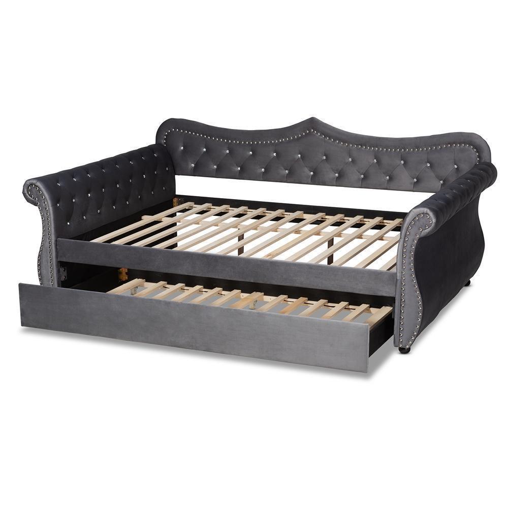 Abbie Traditional and Transitional Grey Velvet Fabric Upholstered and Crystal Tufted Queen Size Daybed with Trundle FredCo