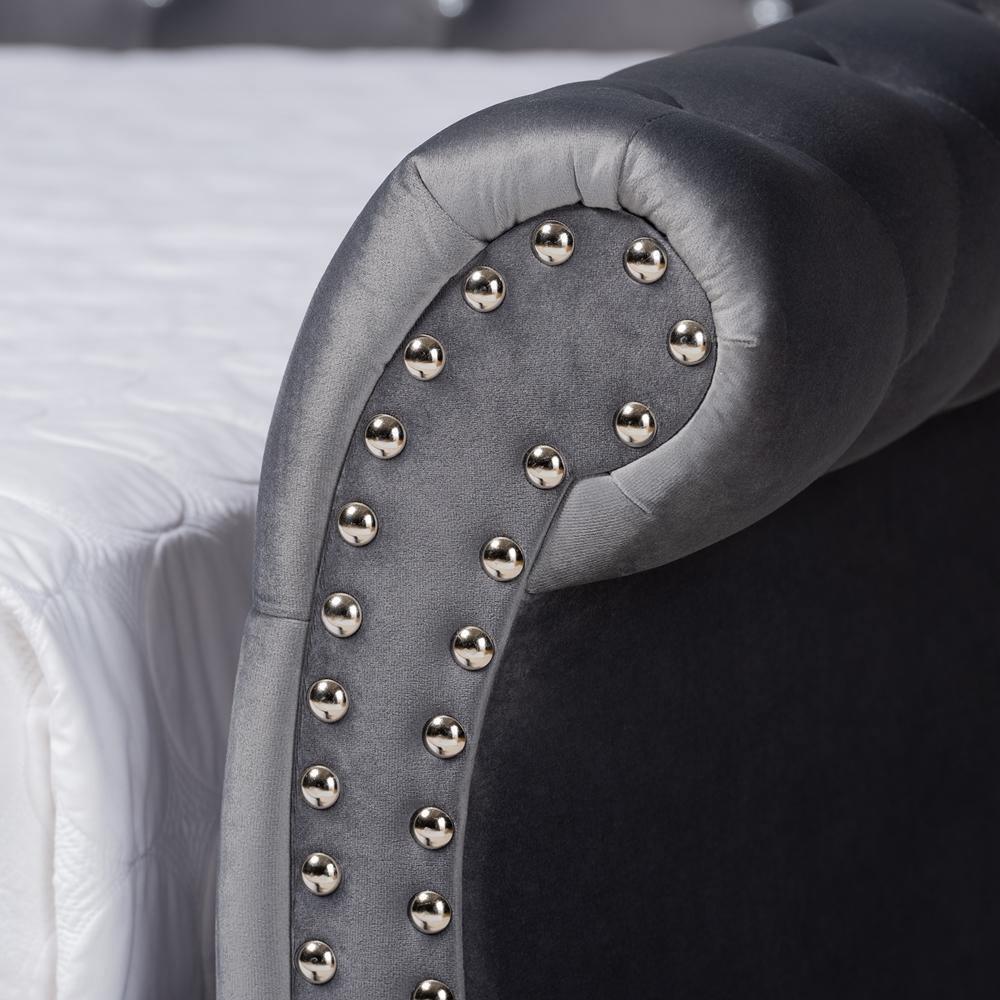 Abbie Traditional and Transitional Grey Velvet Fabric Upholstered and Crystal Tufted Queen Size Daybed with Trundle FredCo