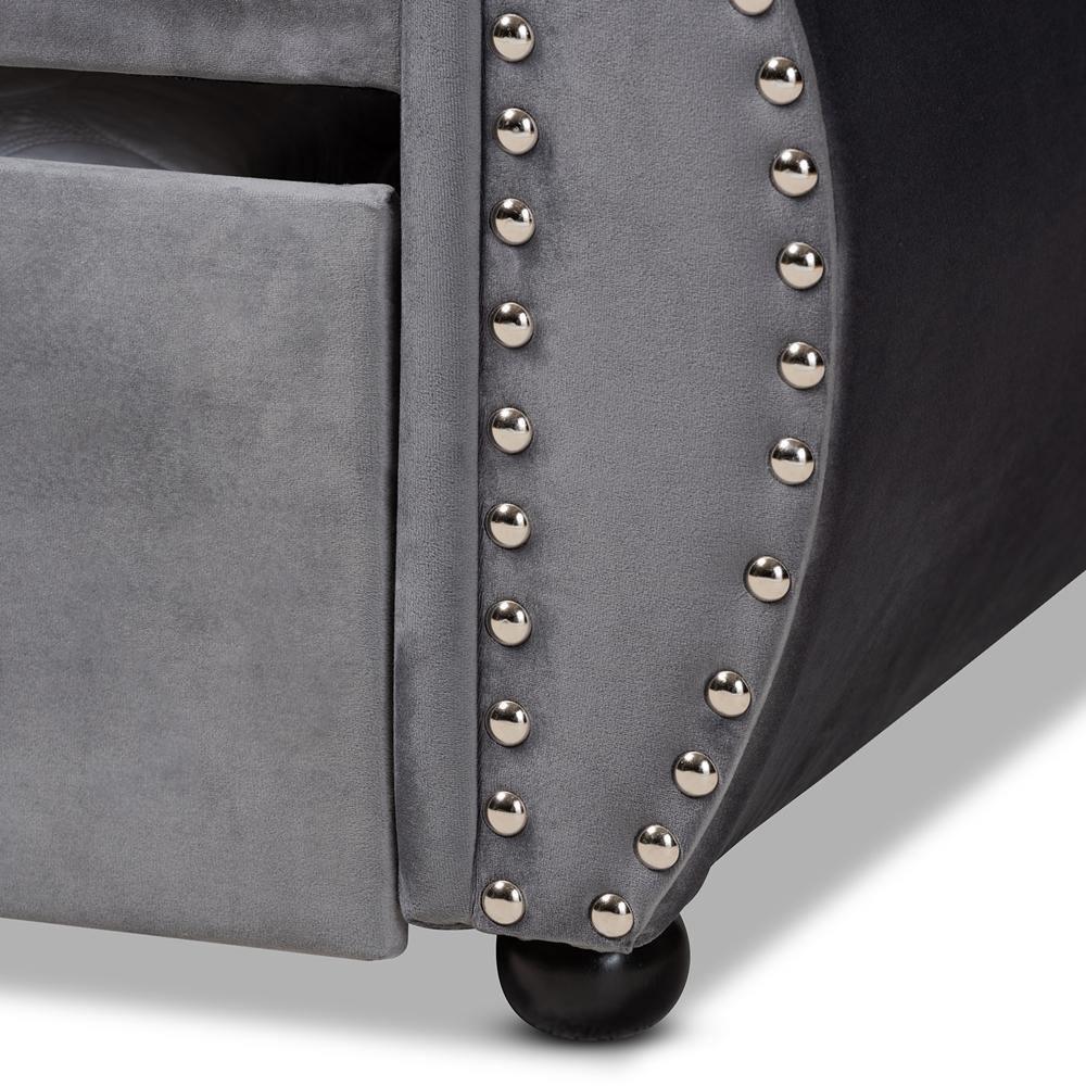 Abbie Traditional and Transitional Grey Velvet Fabric Upholstered and Crystal Tufted Queen Size Daybed with Trundle FredCo