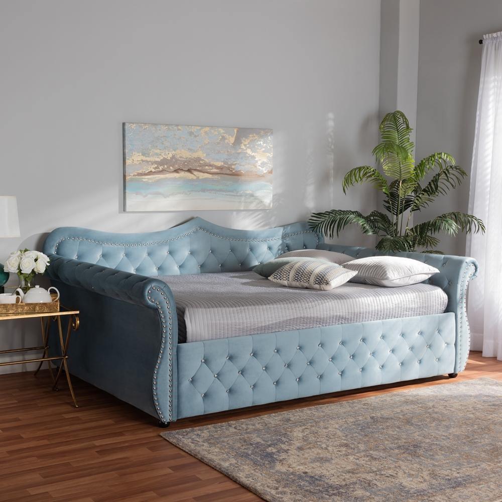 Abbie Traditional and Transitional Light Blue Velvet Fabric Upholstered and Crystal Tufted Queen Size Daybed FredCo
